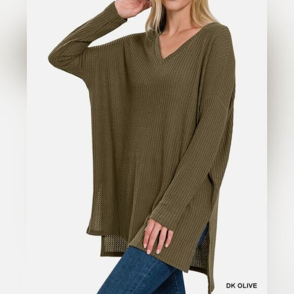 ZENANA Size Small Dark Green Cozy Brushed Oversized Thermal Waffle Knit Sweater - Picture 1 of 11